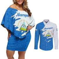 Nicaragua Flag Ripped Effect Couples Matching Off Shoulder Short Dress and Long Sleeve Button Shirt with National Emblem and Floral Pattern Design - Wonder Print Shop