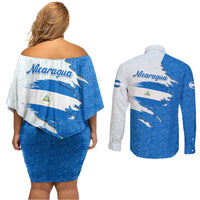 Nicaragua Flag Ripped Effect Couples Matching Off Shoulder Short Dress and Long Sleeve Button Shirt with National Emblem and Floral Pattern Design - Wonder Print Shop