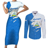 Nicaragua Flag Ripped Effect Couples Matching Short Sleeve Bodycon Dress and Long Sleeve Button Shirt with National Emblem and Floral Pattern Design - Wonder Print Shop
