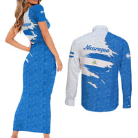 Nicaragua Flag Ripped Effect Couples Matching Short Sleeve Bodycon Dress and Long Sleeve Button Shirt with National Emblem and Floral Pattern Design - Wonder Print Shop