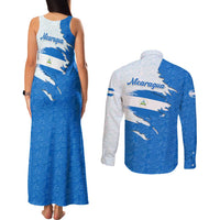 Nicaragua Flag Ripped Effect Couples Matching Tank Maxi Dress and Long Sleeve Button Shirt with National Emblem and Floral Pattern Design - Wonder Print Shop