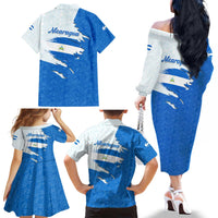Nicaragua Flag Ripped Effect Family Matching Off The Shoulder Long Sleeve Dress and Hawaiian Shirt with National Emblem and Floral Pattern Design - Wonder Print Shop