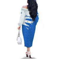 Nicaragua Flag Ripped Effect Family Matching Off The Shoulder Long Sleeve Dress and Hawaiian Shirt with National Emblem and Floral Pattern Design - Wonder Print Shop