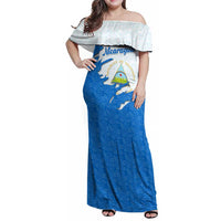 Nicaragua Flag Ripped Effect Family Matching Off Shoulder Maxi Dress and Hawaiian Shirt with National Emblem and Floral Pattern Design - Wonder Print Shop