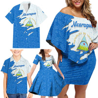 Nicaragua Flag Ripped Effect Family Matching Off Shoulder Short Dress and Hawaiian Shirt with National Emblem and Floral Pattern Design - Wonder Print Shop