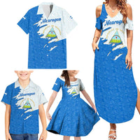 Nicaragua Flag Ripped Effect Family Matching Summer Maxi Dress and Hawaiian Shirt with National Emblem and Floral Pattern Design - Wonder Print Shop