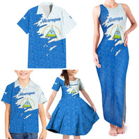 Nicaragua Flag Ripped Effect Family Matching Tank Maxi Dress and Hawaiian Shirt with National Emblem and Floral Pattern Design - Wonder Print Shop