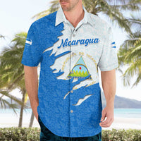 Nicaragua Flag Ripped Effect Hawaiian Shirt with National Emblem and Floral Pattern Design - Wonder Print Shop
