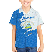 Nicaragua Flag Ripped Effect Kid Hawaiian Shirt with National Emblem and Floral Pattern Design - Wonder Print Shop