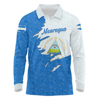 Nicaragua Flag Ripped Effect Long Sleeve Polo Shirt with National Emblem and Floral Pattern Design - Wonder Print Shop