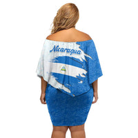 Nicaragua Flag Ripped Effect Off Shoulder Short Dress with National Emblem and Floral Pattern Design - Wonder Print Shop