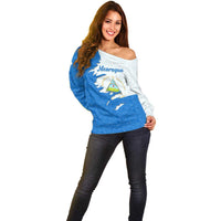 Nicaragua Flag Ripped Effect Off Shoulder Sweater with National Emblem and Floral Pattern Design - Wonder Print Shop