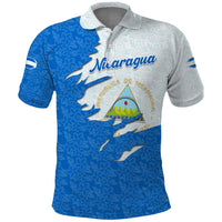 Nicaragua Flag Ripped Effect Polo Shirt with National Emblem and Floral Pattern Design - Wonder Print Shop