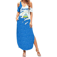 Nicaragua Flag Ripped Effect Summer Maxi Dress with National Emblem and Floral Pattern Design - Wonder Print Shop