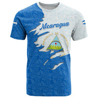 Nicaragua Flag Ripped Effect T Shirt with National Emblem and Floral Pattern Design - Wonder Print Shop
