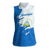 Nicaragua Flag Ripped Effect Women Sleeveless Polo Shirt with National Emblem and Floral Pattern Design - Wonder Print Shop