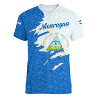 Nicaragua Flag Ripped Effect Women V-Neck T-Shirt with National Emblem and Floral Pattern Design - Wonder Print Shop