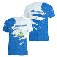 Nicaragua Flag Ripped Effect Women V-Neck T-Shirt with National Emblem and Floral Pattern Design - Wonder Print Shop