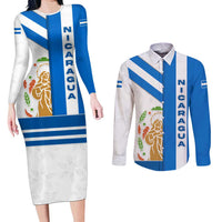 Nicaragua Cultural Art Couples Matching Long Sleeve Bodycon Dress and Long Sleeve Button Shirt with Blue White Stripes and Indigenous Motif Design - Wonder Print Shop