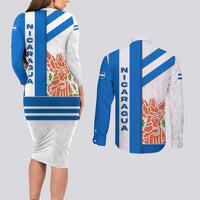 Nicaragua Cultural Art Couples Matching Long Sleeve Bodycon Dress and Long Sleeve Button Shirt with Blue White Stripes and Indigenous Motif Design - Wonder Print Shop