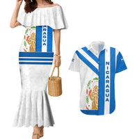 Nicaragua Cultural Art Couples Matching Mermaid Dress and Hawaiian Shirt with Blue White Stripes and Indigenous Motif Design - Wonder Print Shop