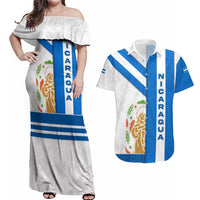 Nicaragua Cultural Art Couples Matching Off Shoulder Maxi Dress and Hawaiian Shirt with Blue White Stripes and Indigenous Motif Design - Wonder Print Shop