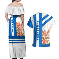 Nicaragua Cultural Art Couples Matching Off Shoulder Maxi Dress and Hawaiian Shirt with Blue White Stripes and Indigenous Motif Design - Wonder Print Shop