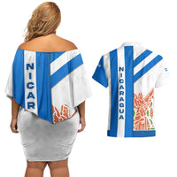 Nicaragua Cultural Art Couples Matching Off Shoulder Short Dress and Hawaiian Shirt with Blue White Stripes and Indigenous Motif Design - Wonder Print Shop