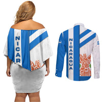 Nicaragua Cultural Art Couples Matching Off Shoulder Short Dress and Long Sleeve Button Shirt with Blue White Stripes and Indigenous Motif Design - Wonder Print Shop