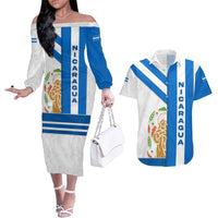 Nicaragua Cultural Art Couples Matching Off The Shoulder Long Sleeve Dress and Hawaiian Shirt with Blue White Stripes and Indigenous Motif Design - Wonder Print Shop