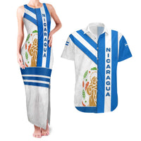 Nicaragua Cultural Art Couples Matching Tank Maxi Dress and Hawaiian Shirt with Blue White Stripes and Indigenous Motif Design - Wonder Print Shop