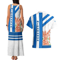 Nicaragua Cultural Art Couples Matching Tank Maxi Dress and Hawaiian Shirt with Blue White Stripes and Indigenous Motif Design - Wonder Print Shop