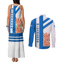 Nicaragua Cultural Art Couples Matching Tank Maxi Dress and Long Sleeve Button Shirt with Blue White Stripes and Indigenous Motif Design - Wonder Print Shop