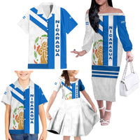 Nicaragua Cultural Art Family Matching Off The Shoulder Long Sleeve Dress and Hawaiian Shirt with Blue White Stripes and Indigenous Motif Design - Wonder Print Shop
