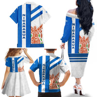 Nicaragua Cultural Art Family Matching Off The Shoulder Long Sleeve Dress and Hawaiian Shirt with Blue White Stripes and Indigenous Motif Design - Wonder Print Shop