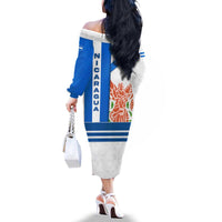 Nicaragua Cultural Art Family Matching Off The Shoulder Long Sleeve Dress and Hawaiian Shirt with Blue White Stripes and Indigenous Motif Design - Wonder Print Shop