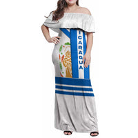 Nicaragua Cultural Art Family Matching Off Shoulder Maxi Dress and Hawaiian Shirt with Blue White Stripes and Indigenous Motif Design - Wonder Print Shop