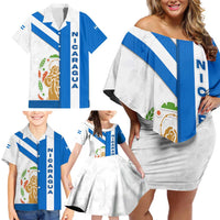 Nicaragua Cultural Art Family Matching Off Shoulder Short Dress and Hawaiian Shirt with Blue White Stripes and Indigenous Motif Design - Wonder Print Shop
