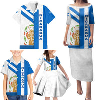 Nicaragua Cultural Art Family Matching Puletasi and Hawaiian Shirt with Blue White Stripes and Indigenous Motif Design - Wonder Print Shop