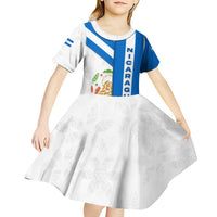 Nicaragua Cultural Art Kid Short Sleeve Dress with Blue White Stripes and Indigenous Motif Design - Wonder Print Shop