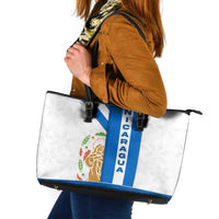 Nicaragua Cultural Art Leather Tote Bag with Blue White Stripes and Indigenous Motif Design - Wonder Print Shop