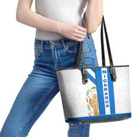 Nicaragua Cultural Art Leather Tote Bag with Blue White Stripes and Indigenous Motif Design - Wonder Print Shop