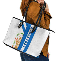 Nicaragua Cultural Art Leather Tote Bag with Blue White Stripes and Indigenous Motif Design - Wonder Print Shop