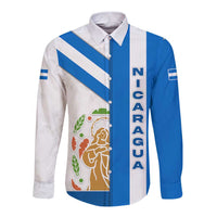 Nicaragua Cultural Art Long Sleeve Button Shirt with Blue White Stripes and Indigenous Motif Design - Wonder Print Shop