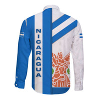 Nicaragua Cultural Art Long Sleeve Button Shirt with Blue White Stripes and Indigenous Motif Design - Wonder Print Shop
