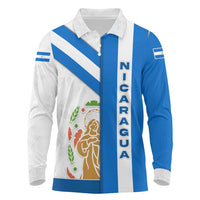 Nicaragua Cultural Art Long Sleeve Polo Shirt with Blue White Stripes and Indigenous Motif Design - Wonder Print Shop