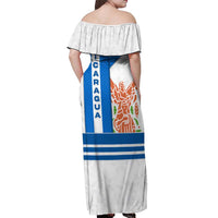 Nicaragua Cultural Art Off Shoulder Maxi Dress with Blue White Stripes and Indigenous Motif Design - Wonder Print Shop