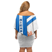 Nicaragua Cultural Art Off Shoulder Short Dress with Blue White Stripes and Indigenous Motif Design - Wonder Print Shop