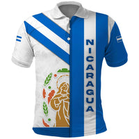 Nicaragua Cultural Art Polo Shirt with Blue White Stripes and Indigenous Motif Design - Wonder Print Shop