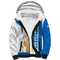 Nicaragua Cultural Art Sherpa Hoodie with Blue White Stripes and Indigenous Motif Design - Wonder Print Shop
